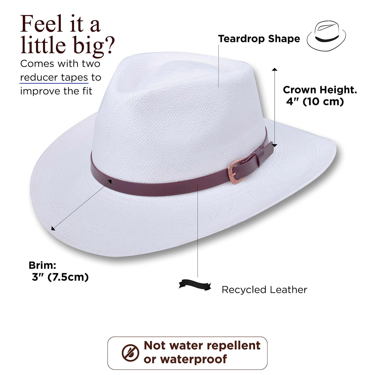 Panama Hat Teardrop Shape Recycled Leather Toquilla Straw K107877