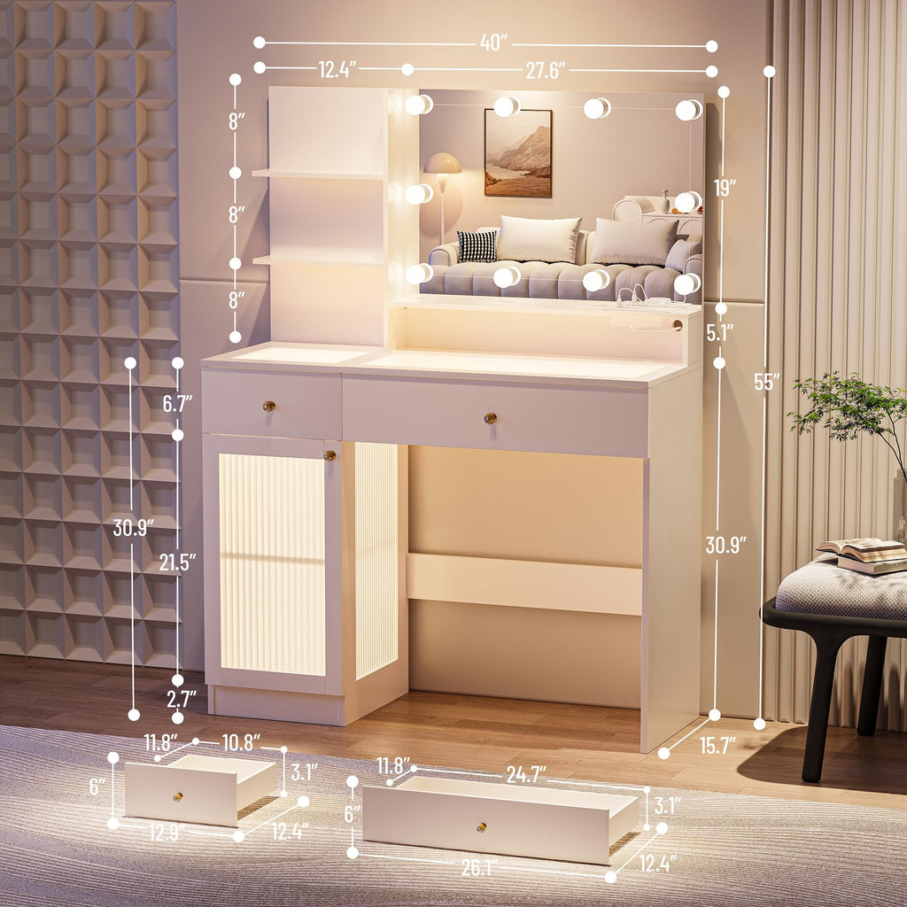 40" White Vanity Desk with Mirror and Lights H62782