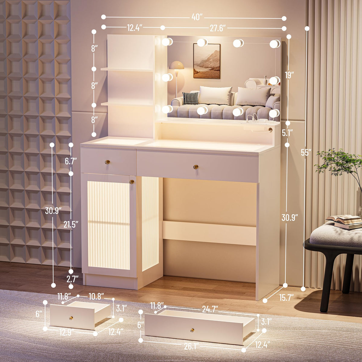 40" White Vanity Desk with Mirror and Lights H62782