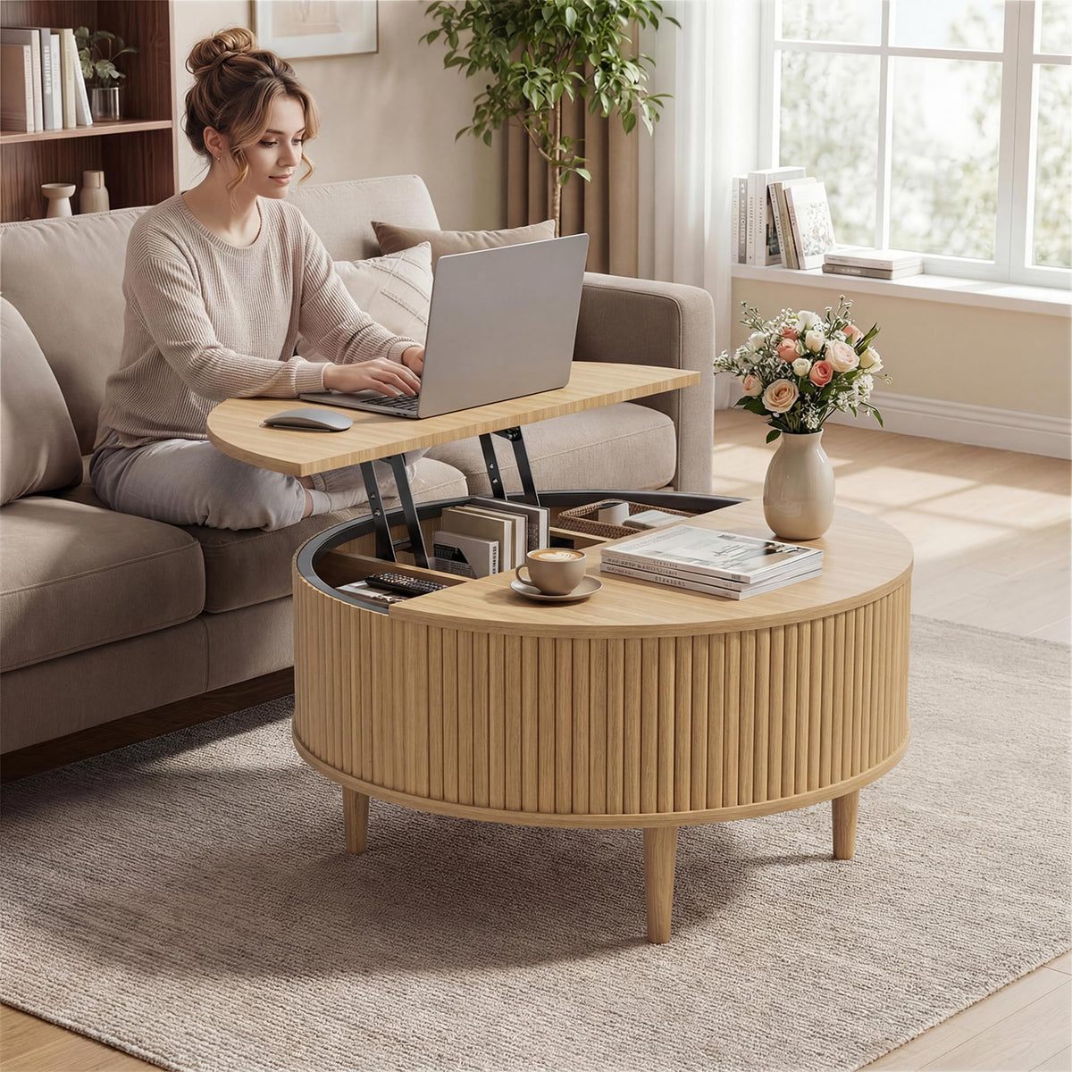 31.5" Round Lifting Top Coffee Table with Storage V309814