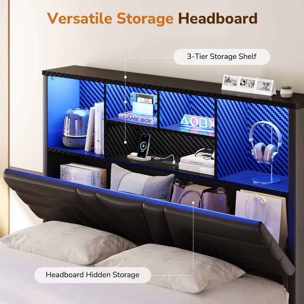 Full Size Bed Frame with 4 Drawers and Storage Headboard, Black W425