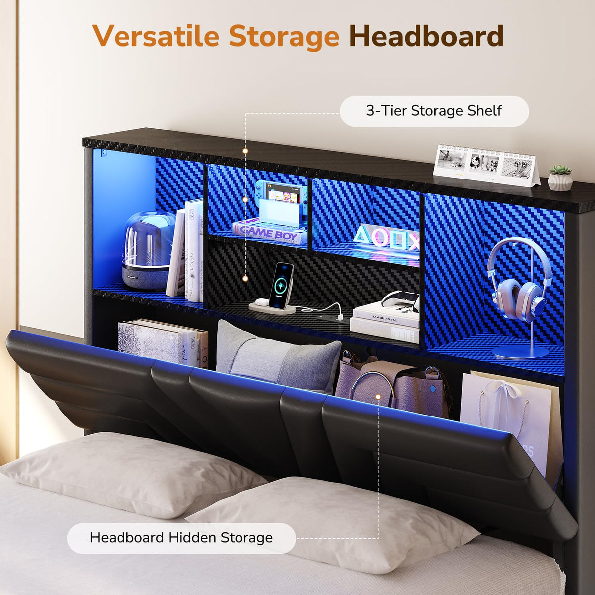 Full Size Bed Frame with 4 Drawers and Storage Headboard, Black W425