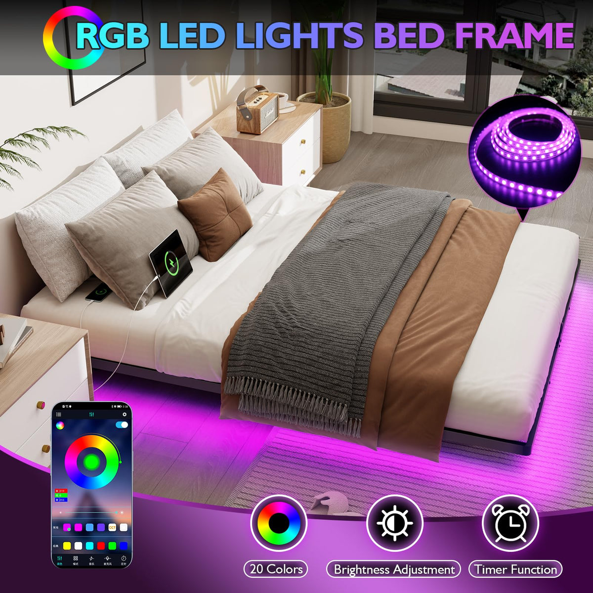 Full Size Metal Platform Bed Frame with LED Lights & Charging Station S246