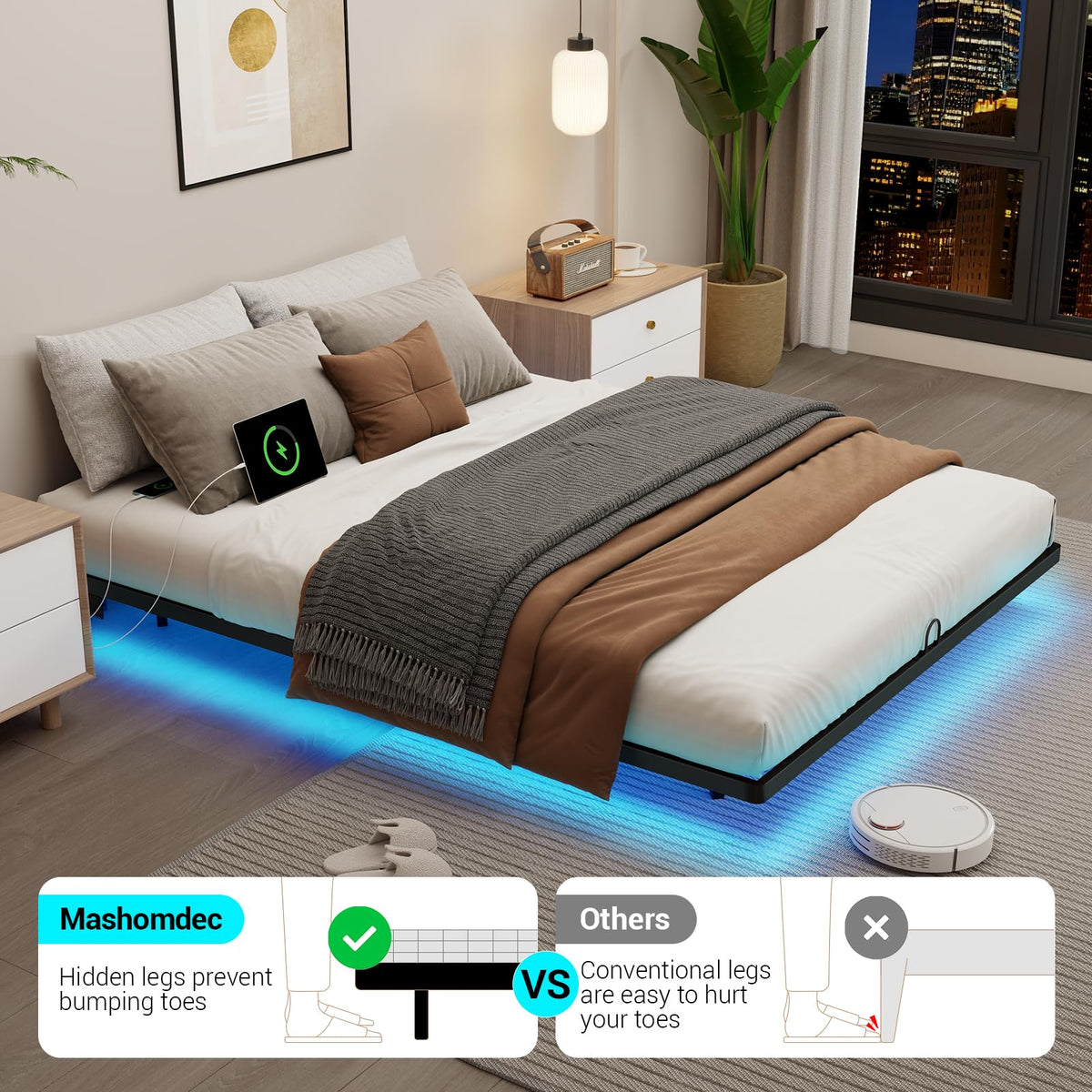 Full Size Metal Platform Bed Frame with LED Lights & Charging Station S246