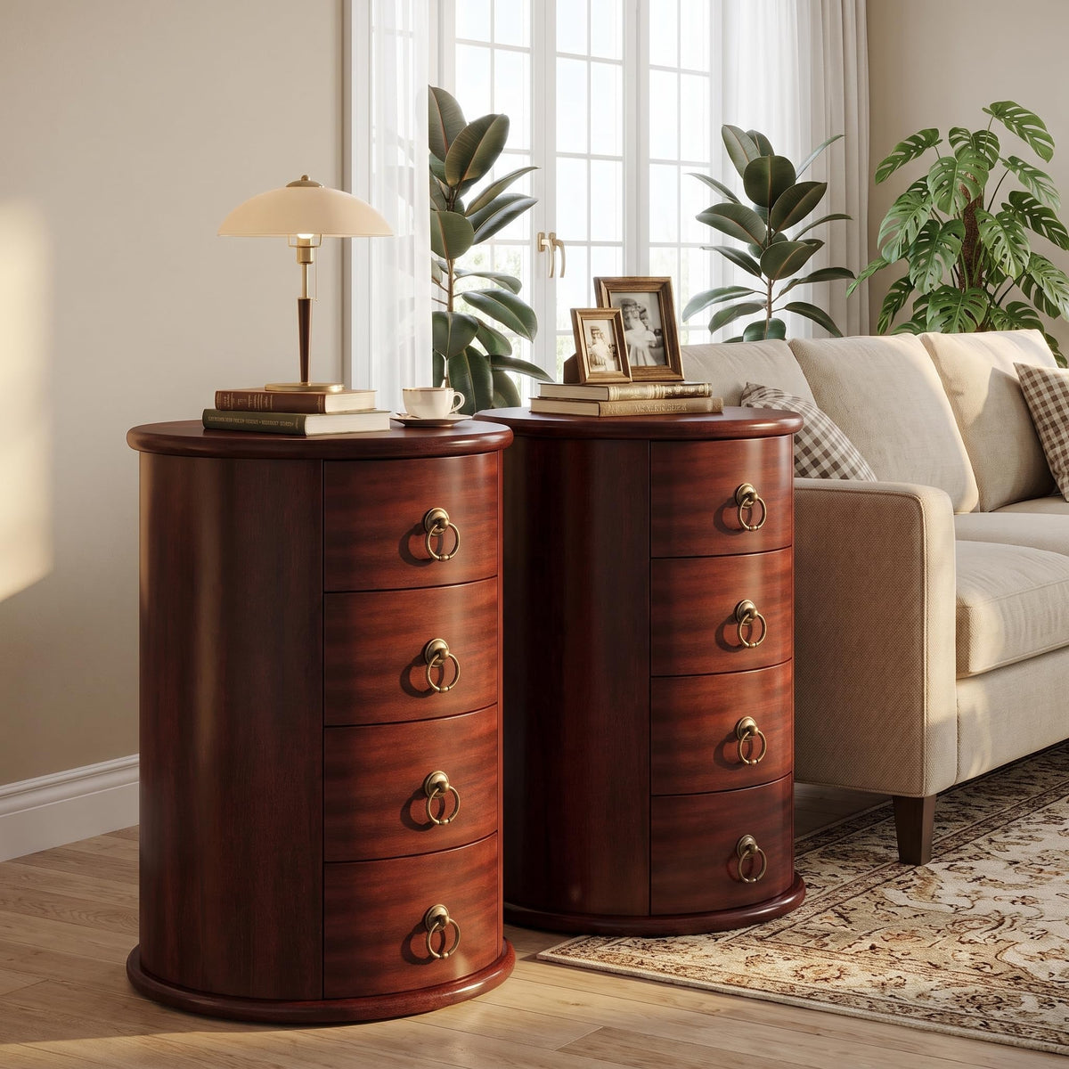 Solid Wood Round End Table with 4 Drawers N744