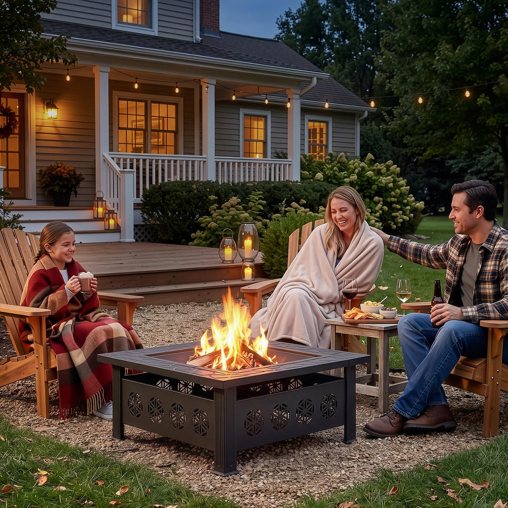 32 Inch Square Wood Burning Fire Pit Table with Spark Screen Lid and Fire Poker, Black I135