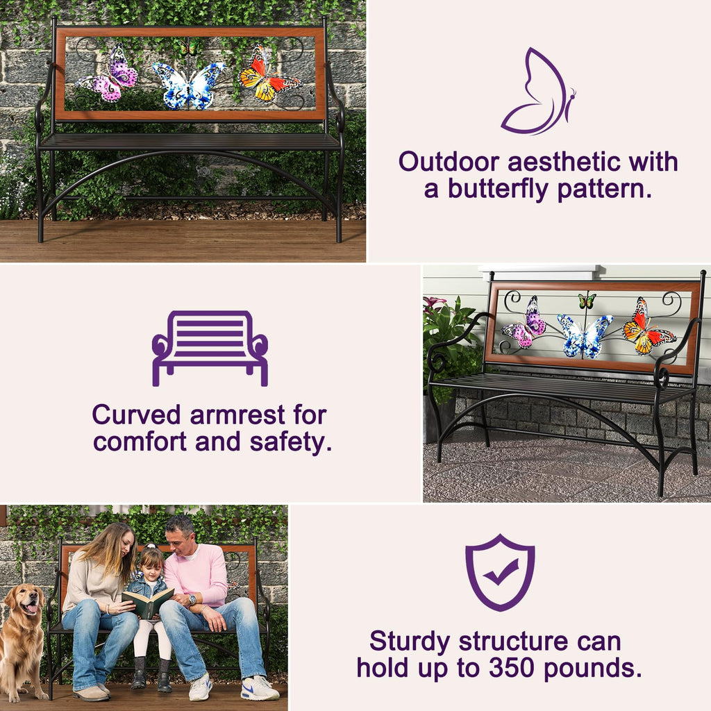 39.7" Black Metal Outdoor Bench with Armrest N350570