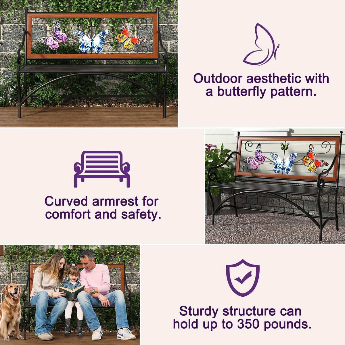 39.7" Black Metal Outdoor Bench with Armrest N350570