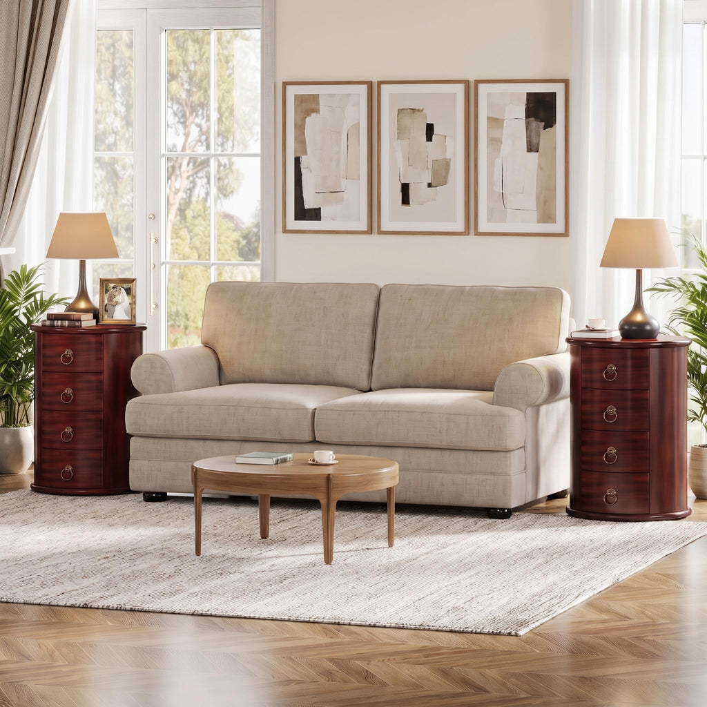 Solid Wood Round End Table with 4 Drawers N744