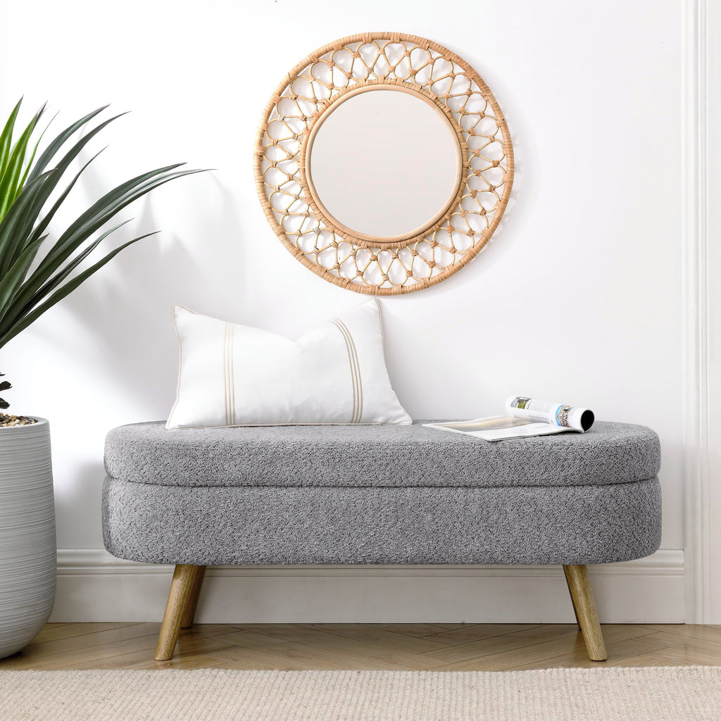Oval Storage Bench with Rubber Wood Legs, Gray K586