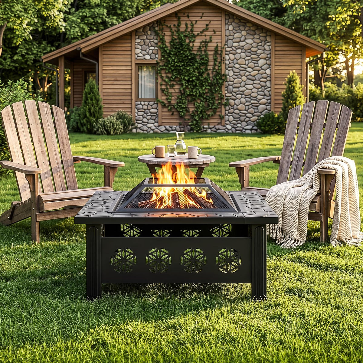 32 Inch Square Wood Burning Fire Pit Table with Spark Screen Lid and Fire Poker, Black I135