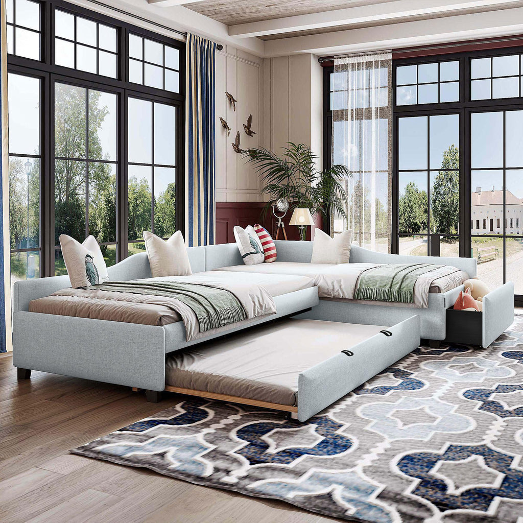 Double Twin Size L Shaped Upholstered Daybed with Trundle and Storage Drawer F711