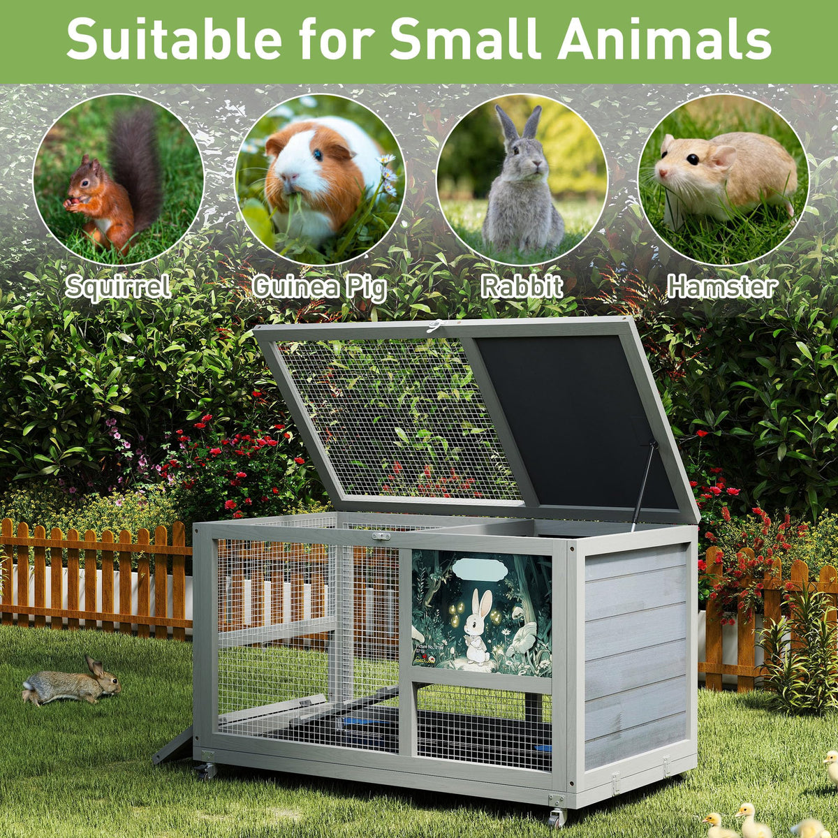 36.5" Two-Level Wooden Rabbit Hutch with Casters & Ramp J909