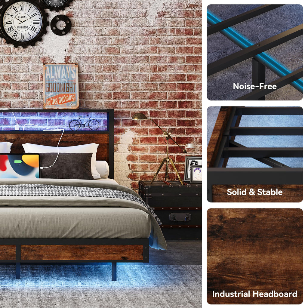 Queen Size Metal Bed Frame with Storage Headboard and Charging Station W4145