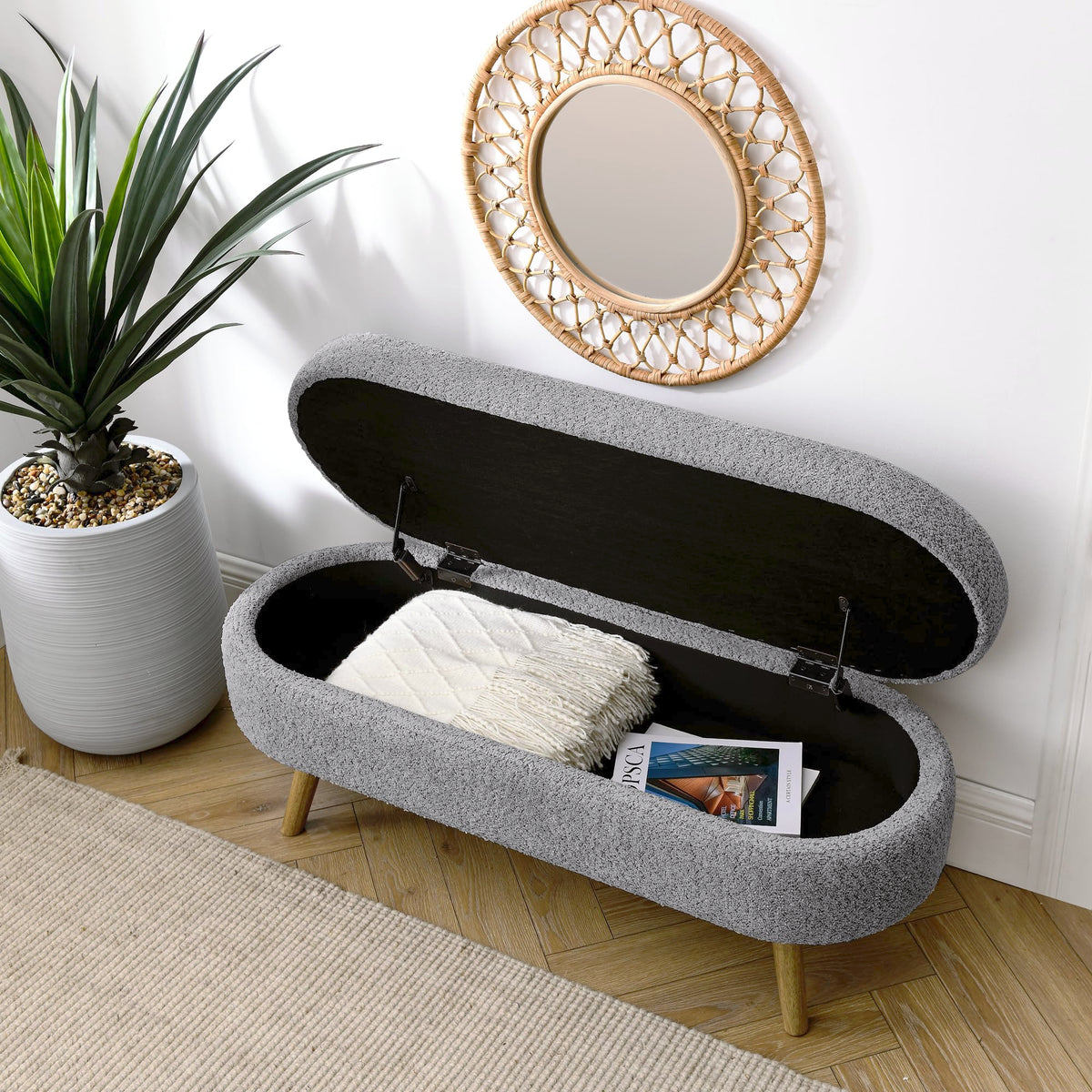 Oval Storage Bench with Rubber Wood Legs, Gray K586