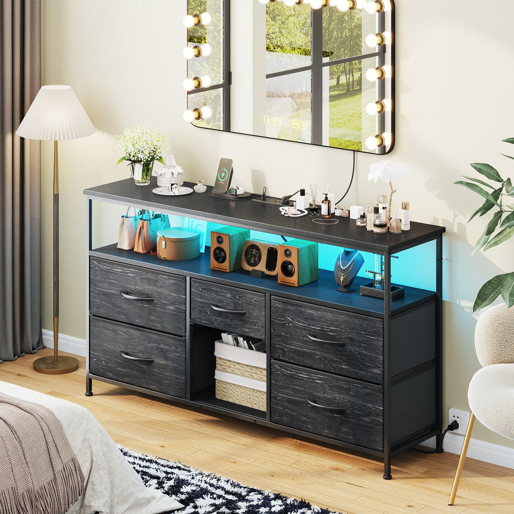 Black TV Stand with LED & Outlets, 5-Drawer Storage J938