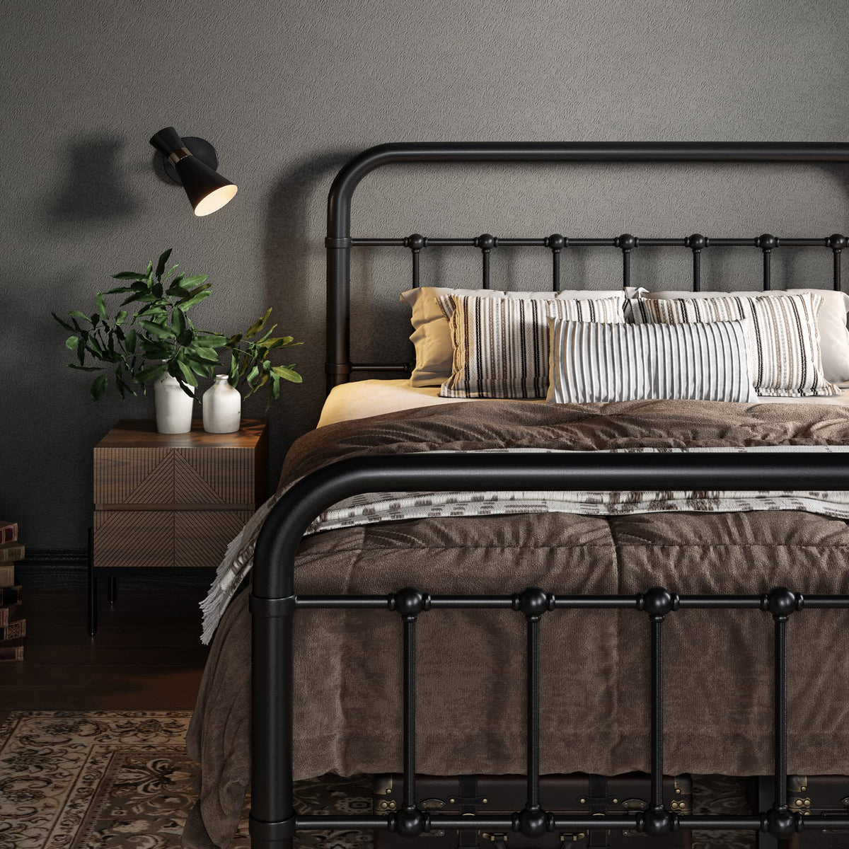 Full Metal Bed Frame with Victorian Iron-Art Headboard, Black A17492