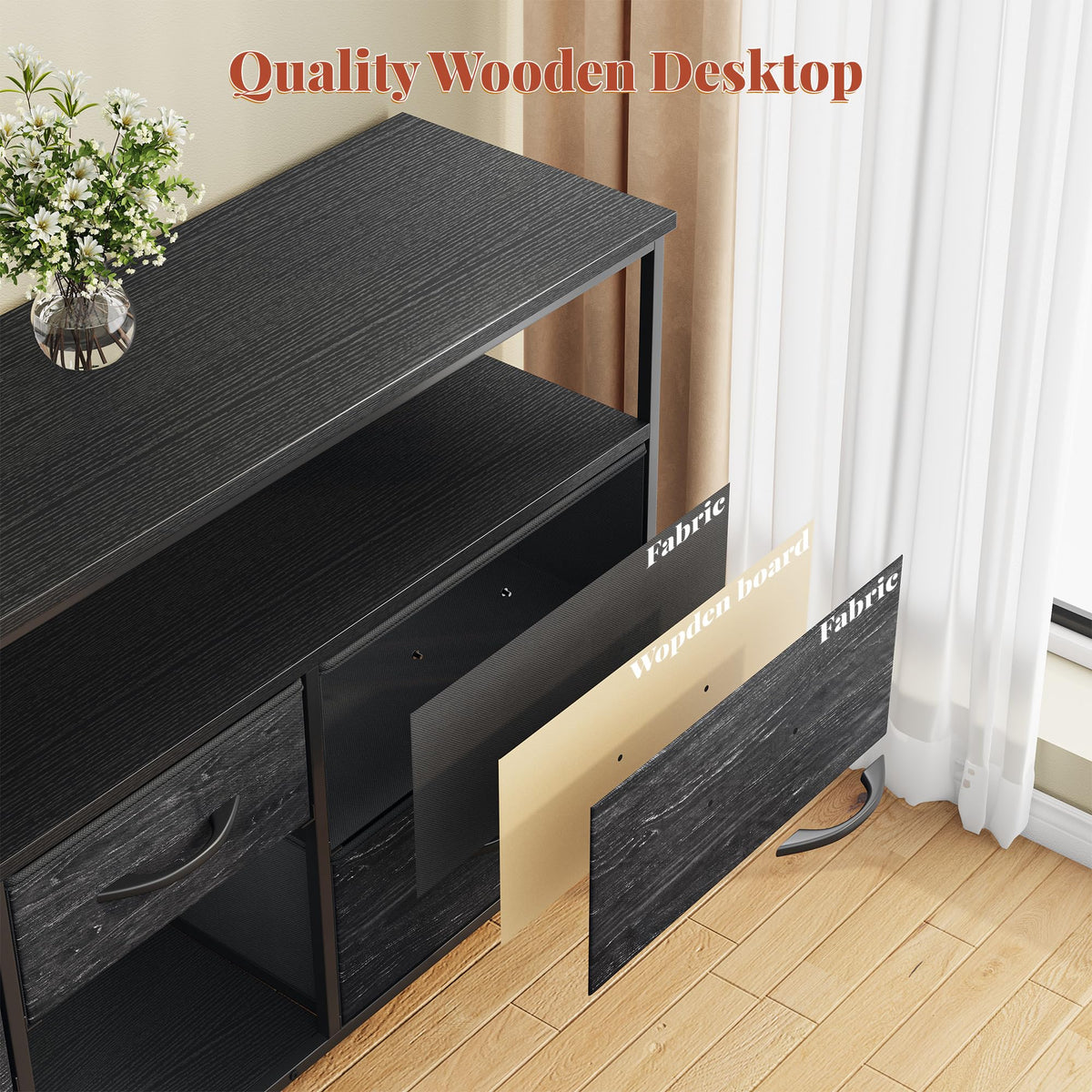 Black TV Stand with LED & Outlets, 5-Drawer Storage J938