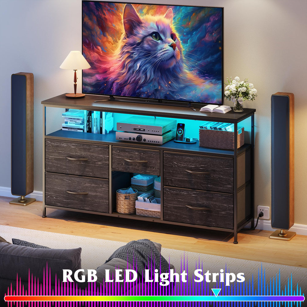 Black TV Stand with LED & Outlets, 5-Drawer Storage J938