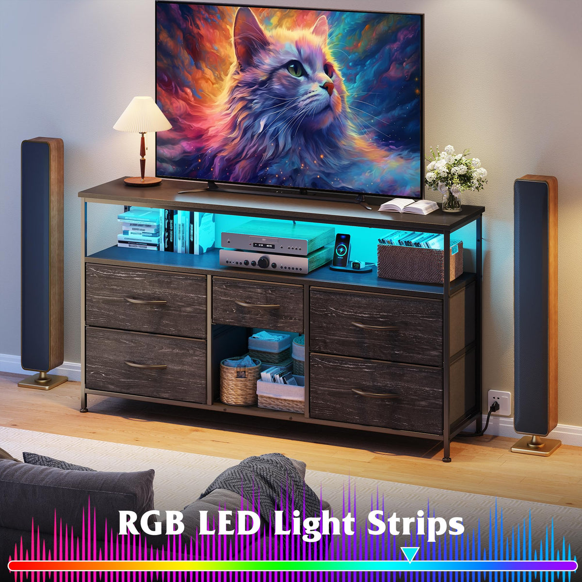 Black TV Stand with LED & Outlets, 5-Drawer Storage J938