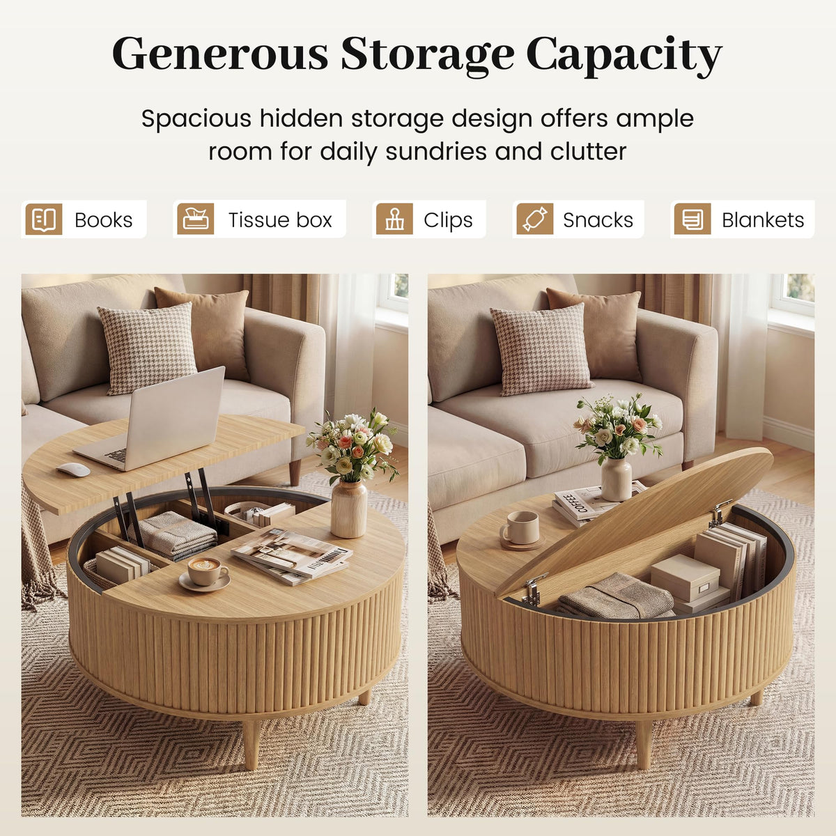 31.5" Round Lifting Top Coffee Table with Storage V309814