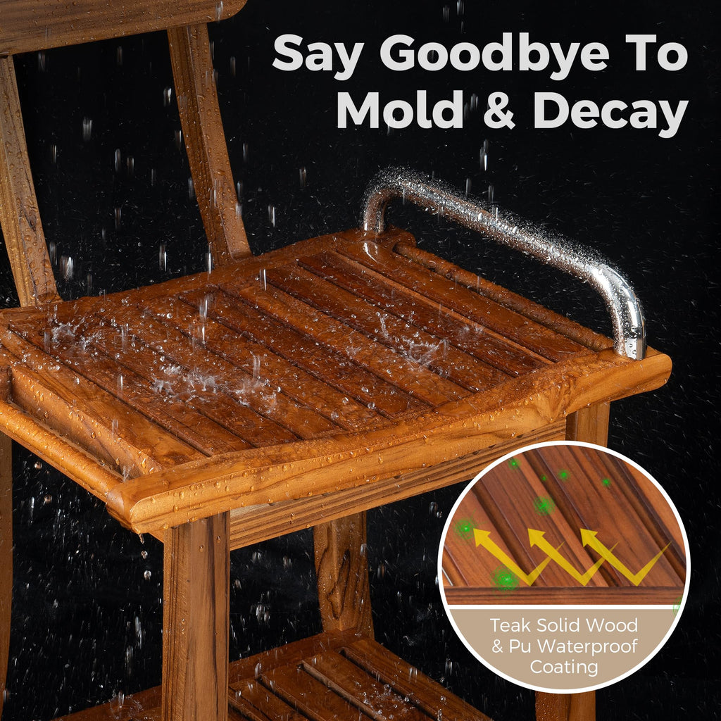Teak Shower Bench with Handles and Backrest I40778