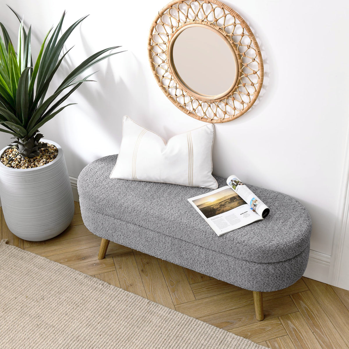 Oval Storage Bench with Rubber Wood Legs, Gray K586