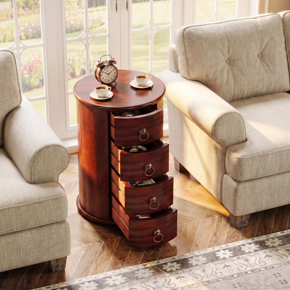 Solid Wood Round End Table with 4 Drawers N744