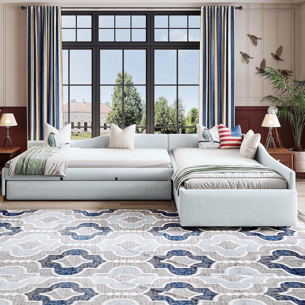 Double Twin Size L Shaped Upholstered Daybed with Trundle and Storage Drawer F711