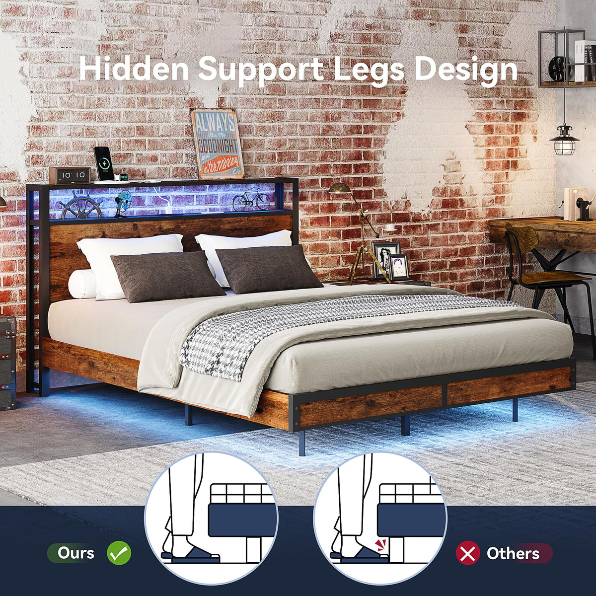 Queen Size Metal Bed Frame with Storage Headboard and Charging Station W4145
