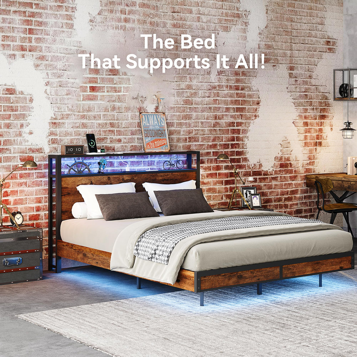 Queen Size Metal Bed Frame with Storage Headboard and Charging Station W4145