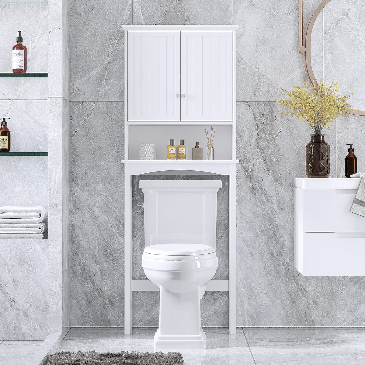 Over the Toilet Storage Cabinet with Doors, Adjustable Shelf, White A37156
